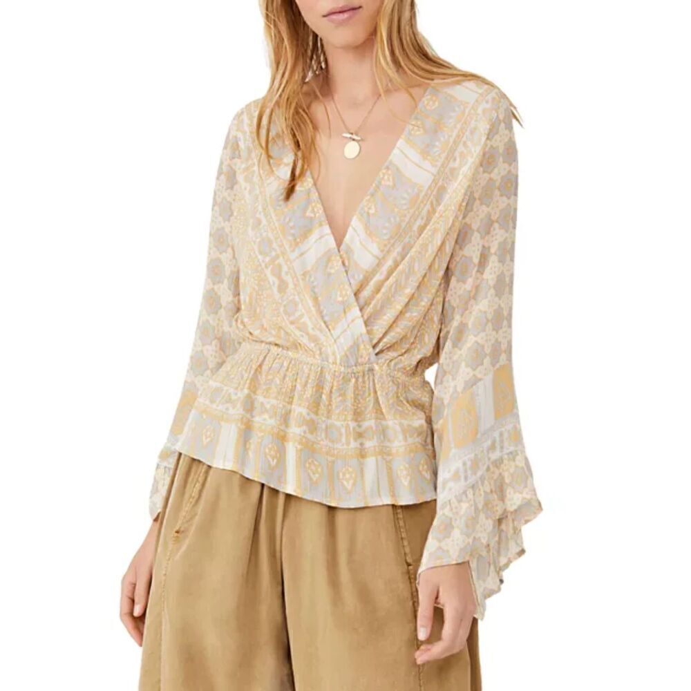 Free People "Rosalie" Yellow Printed "Handkerchief" Faux Wrap Top size Small